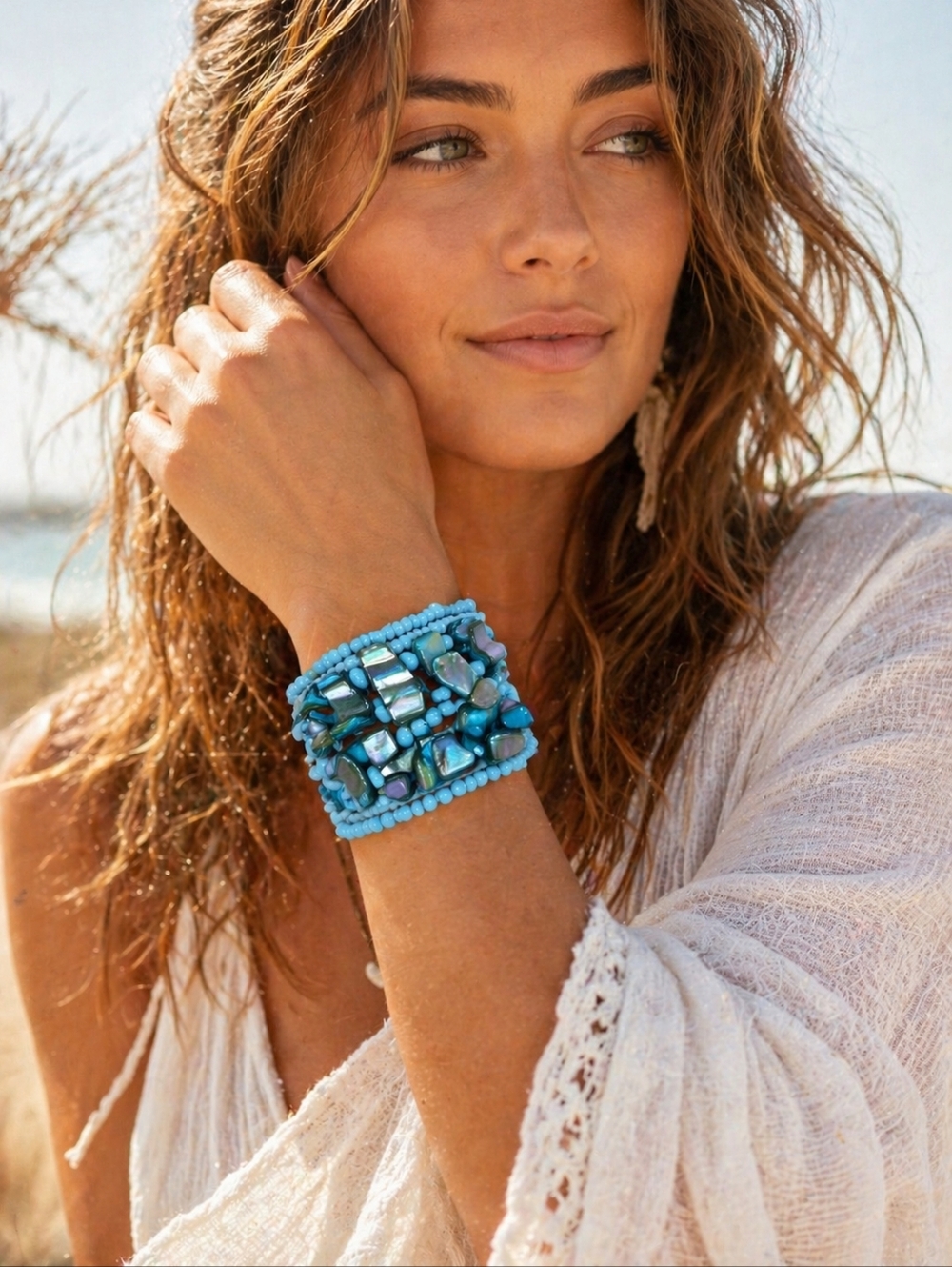 Blue Beaded Shell Wrap Bracelet Boho Beach Statement Cuff
